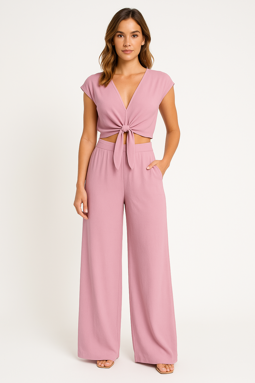 Women’s Two-Piece Set – V-Neck Tie-Front Cropped Top – High-Waist Wide-Leg Pants with Pockets