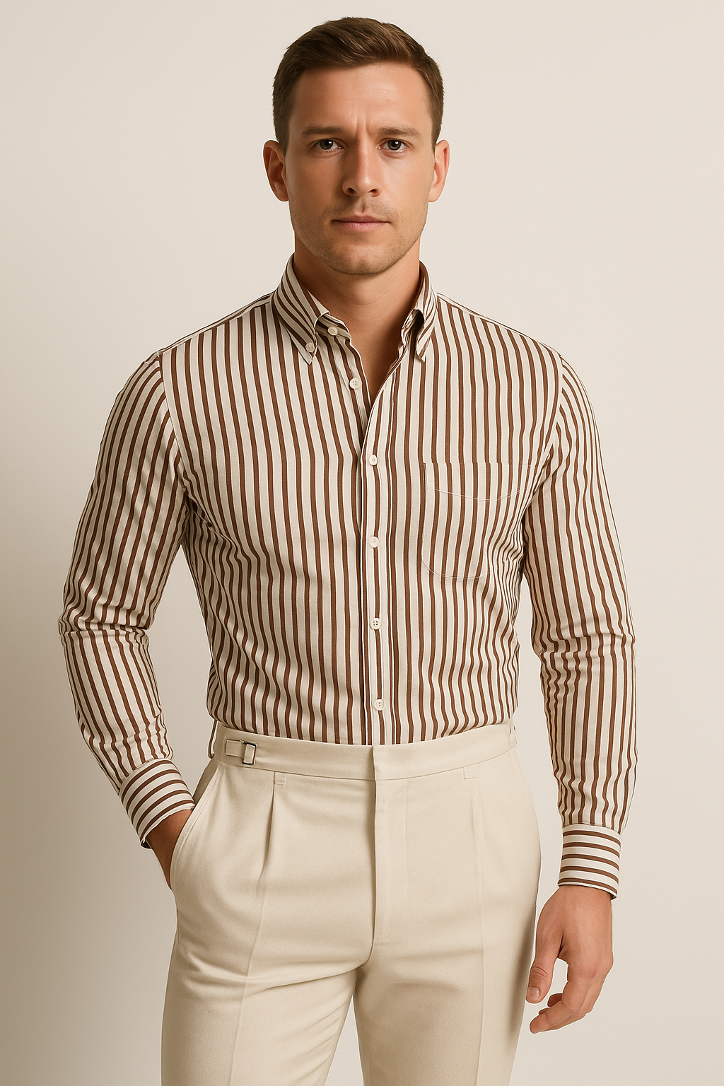 Men’s Long Sleeve Shirt – Tailored Fit – Cotton Blend – Striped Button-Down Formal Wear