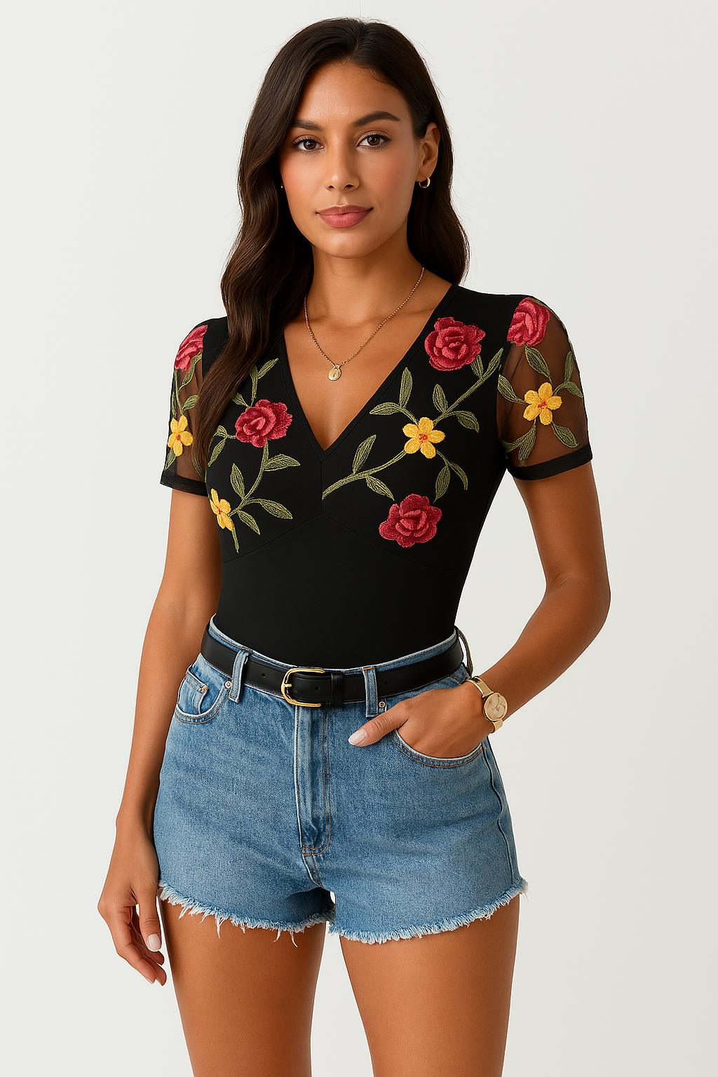 Women’s Bodysuit – Slim Fit – V-Neck – Mesh Short Sleeves – Floral Embroidery