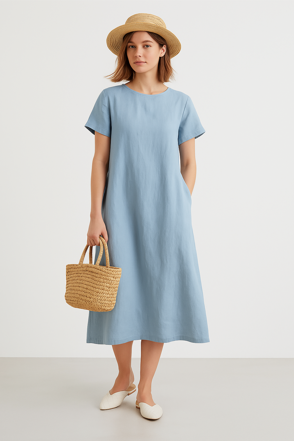 Women’s Midi Dress – Loose Fit – Lightweight Breathable Fabric – Short Sleeve Casual