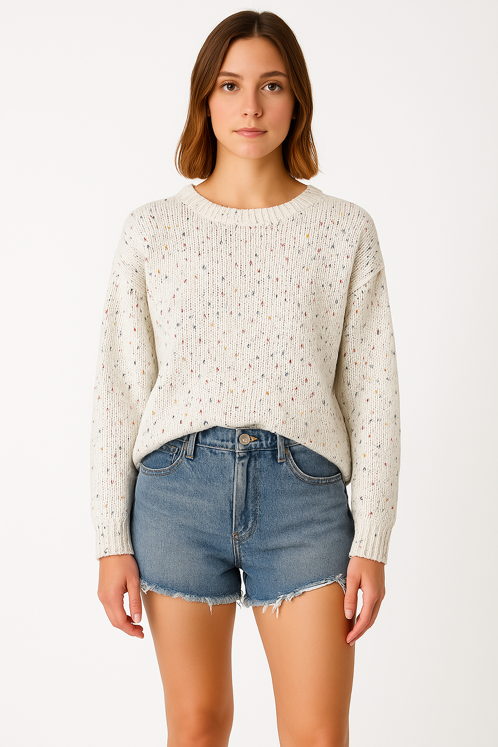 Women’s Pullover Sweater – Relaxed Fit – Speckled Knit – Ribbed Trim – Hip Length