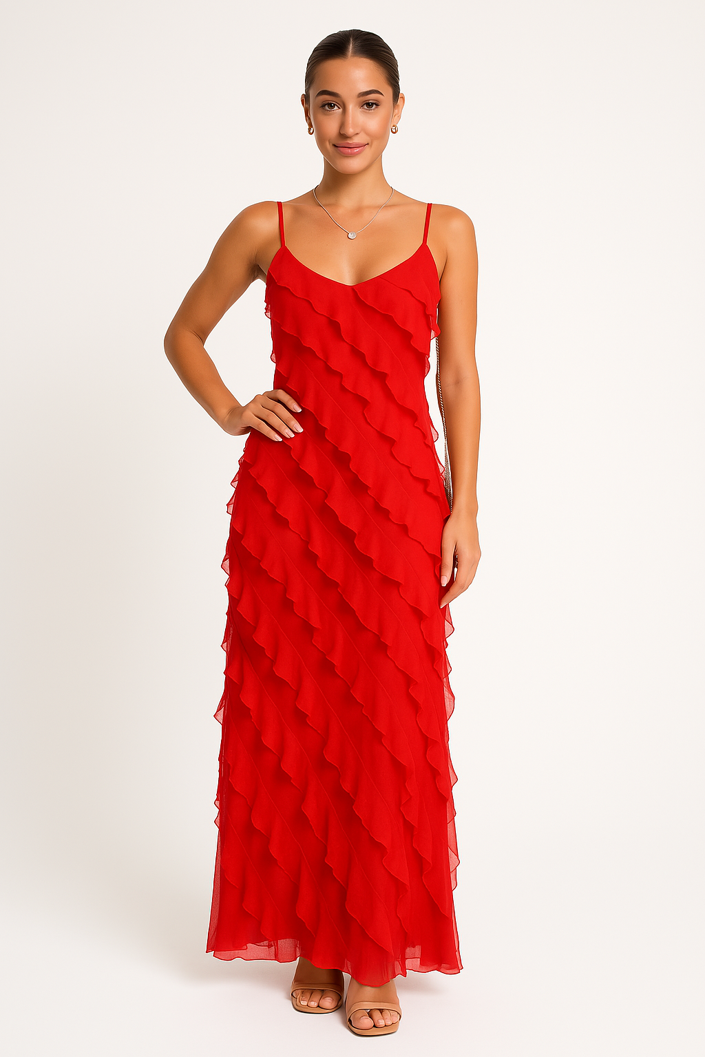 Women’s Maxi Dress – Slim Fit – Chiffon Feel – Spaghetti Straps – Ruffle Detail