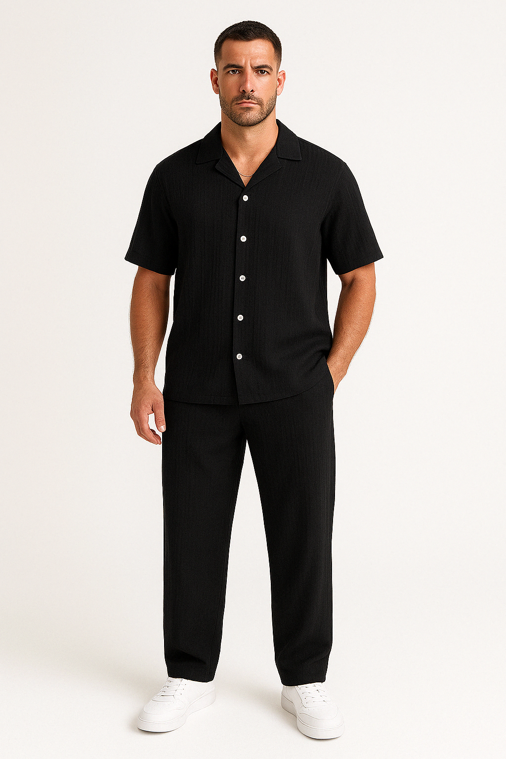 Men’s Casual Suit Set – Cotton Linen Blend – Relaxed Fit – Short Sleeve Shirt & Pants