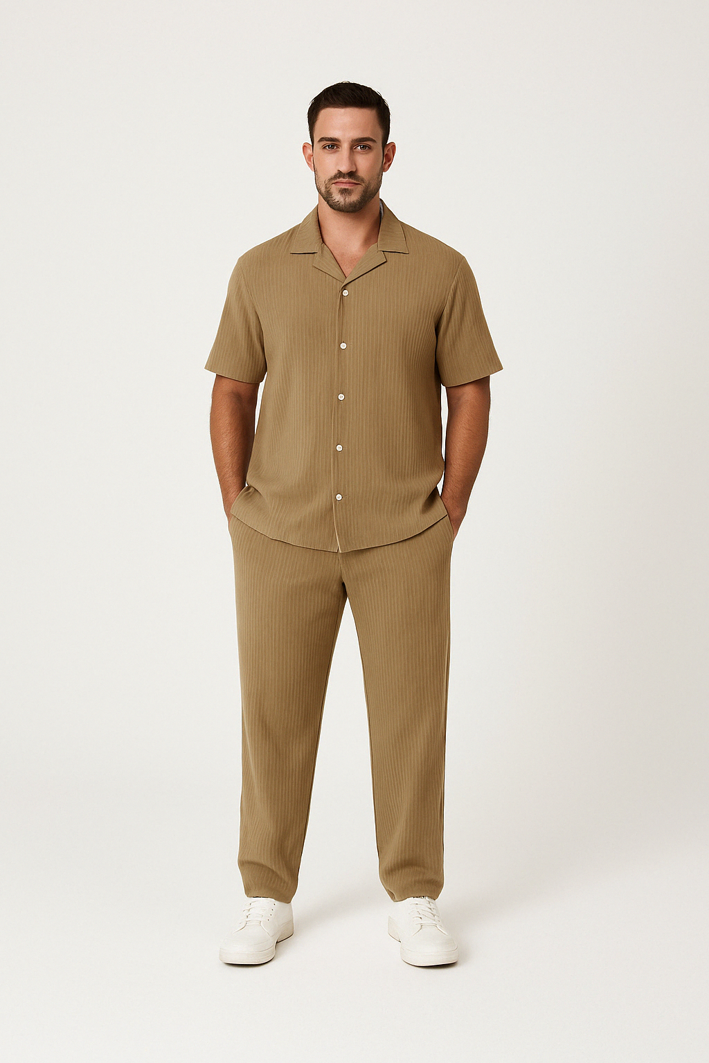 Men’s Casual Suit Set – Cotton Linen Blend – Relaxed Fit – Short Sleeve Shirt & Pants