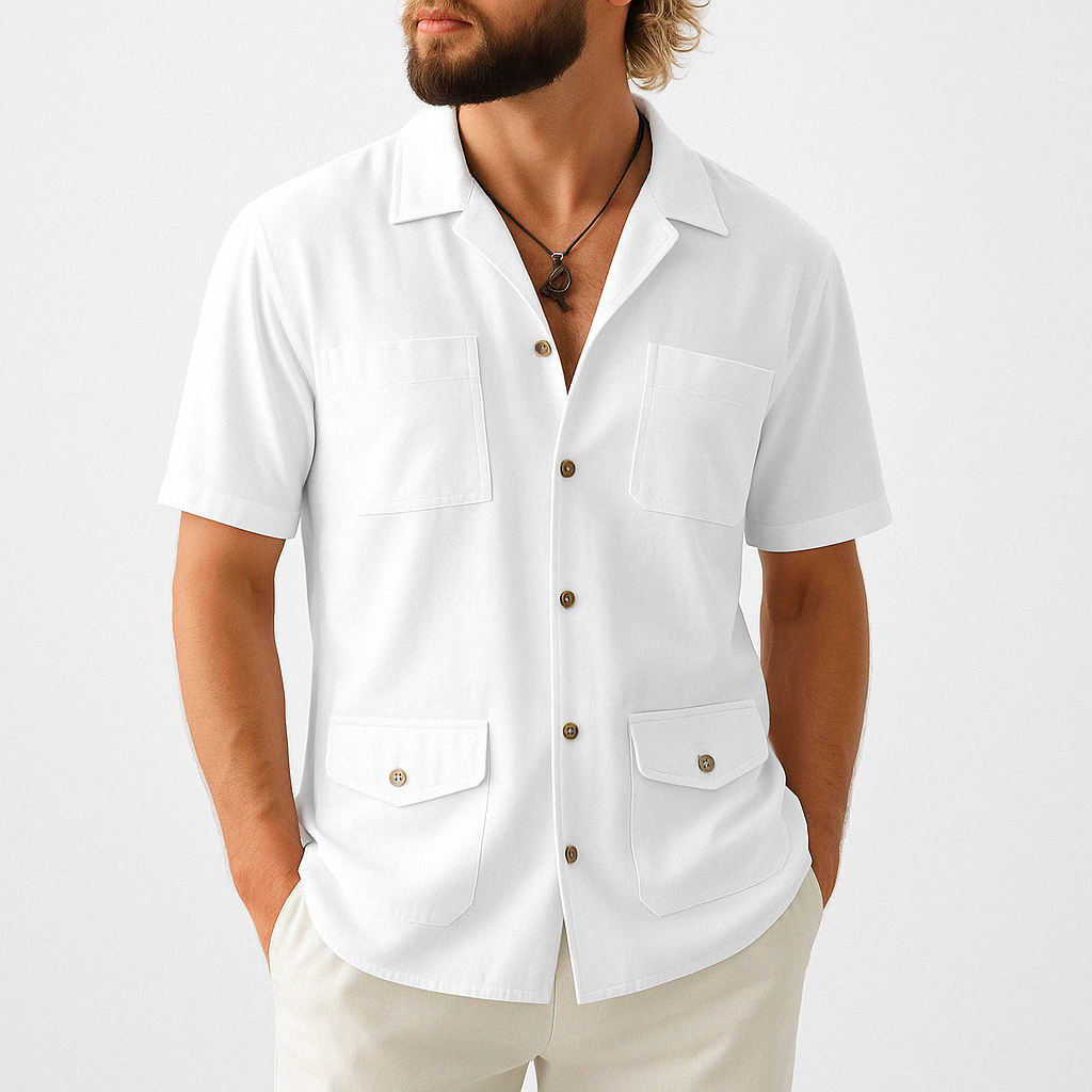 Men’s Short Sleeve Shirt – Cotton Linen Blend – Relaxed Fit – Notched Collar – 4 Pockets
