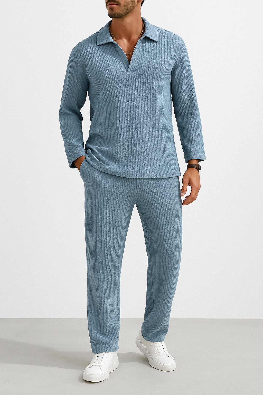 Men’s Lounge Set – Relaxed Fit – Textured Soft Fabric – Long Sleeve Shirt & Pants