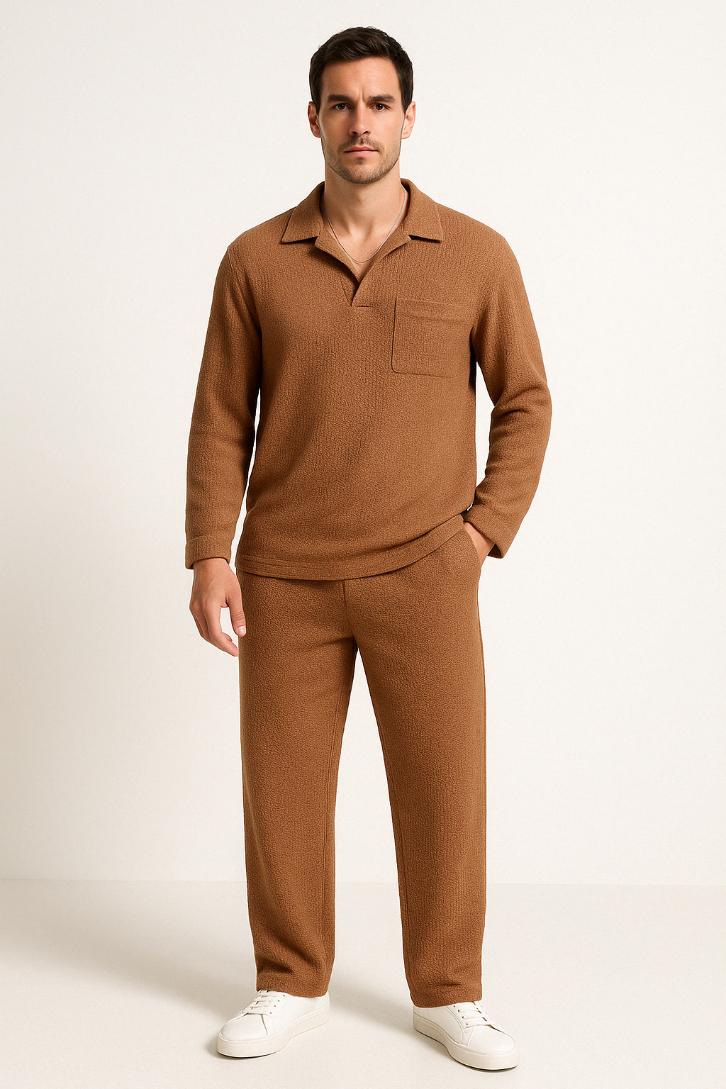 Men’s Lounge Set – Relaxed Fit – Textured Soft Fabric – Long Sleeve Shirt & Pants
