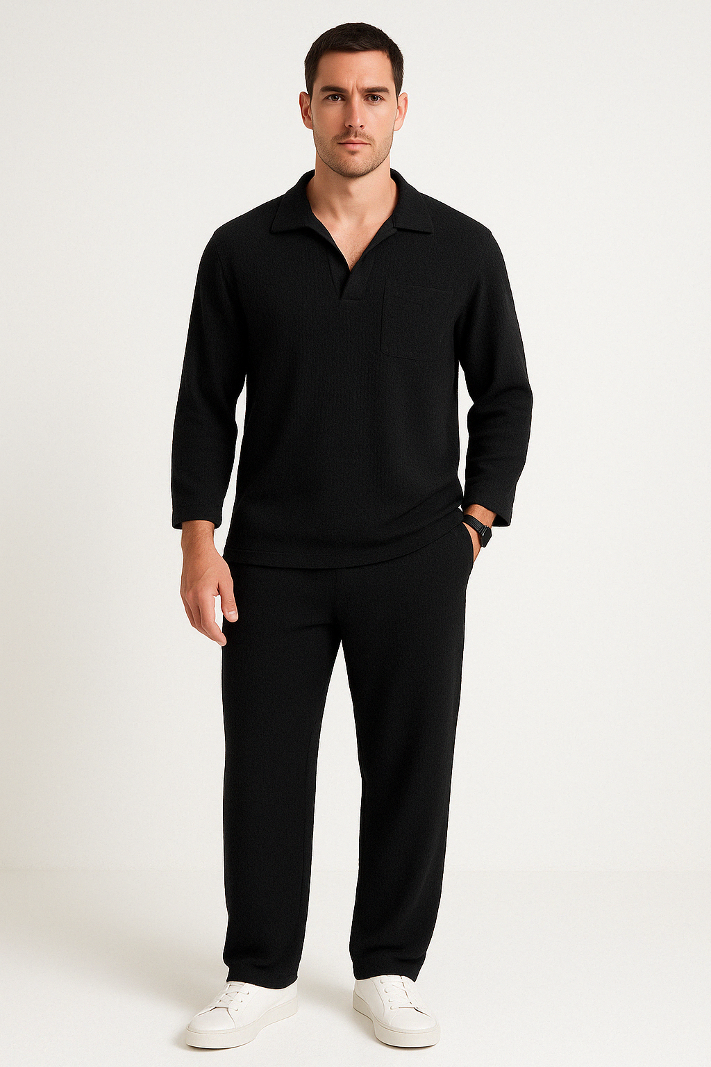 Men’s Lounge Set – Relaxed Fit – Textured Soft Fabric – Long Sleeve Shirt & Pants