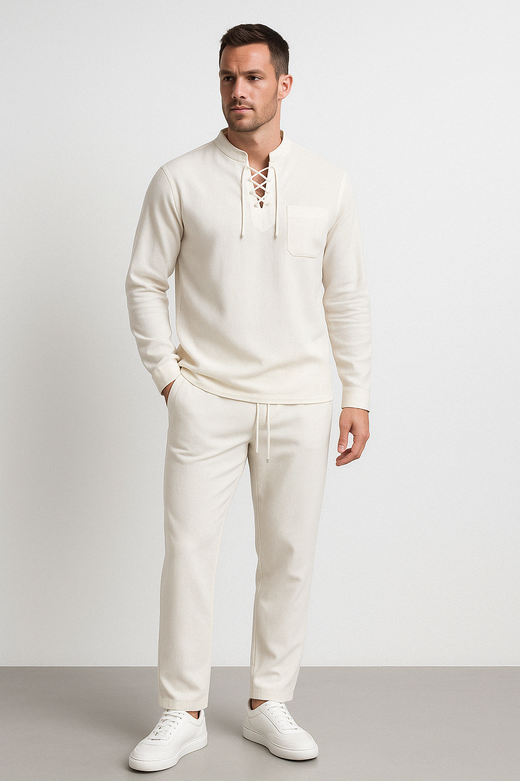 Men's Henley Shirt – Cotton Linen Blend – Relaxed Fit – Lace-Up Chest – Band Collar