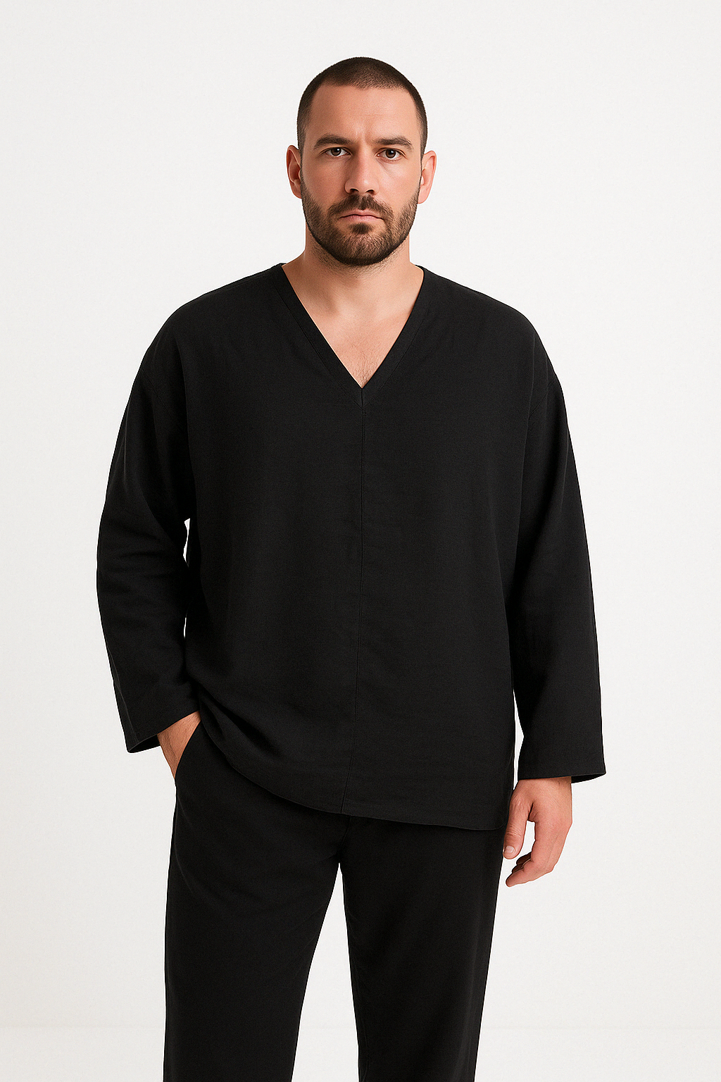 Men’s Linen Shirt – Relaxed Fit – V-Neck – Long Sleeve Lightweight Casual