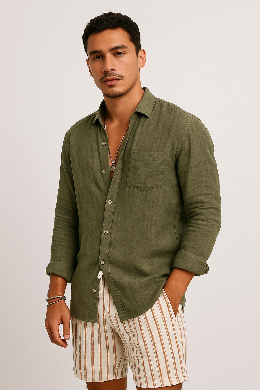 Men’s Button-Up Shirt – Cotton Linen Blend – Relaxed Fit – Long Sleeve Casual Wear