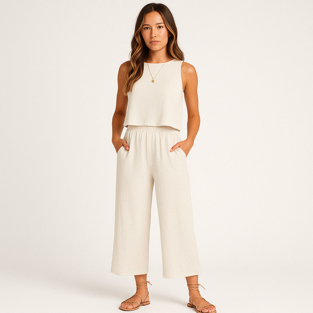 Women’s Lounge Set – Sleeveless Crop Top – Wide Leg Pants – Lightweight Relaxed Fit