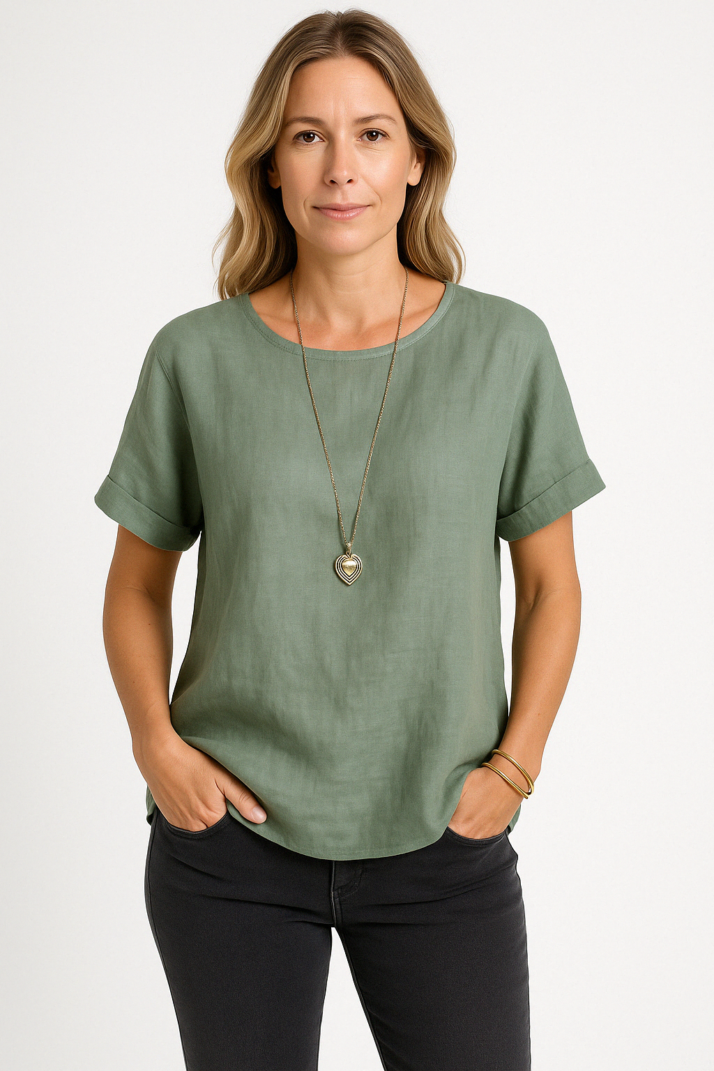 Women’s T-Shirt – Linen Blend – Loose Fit – Short Sleeve – Round Neck Casual Top