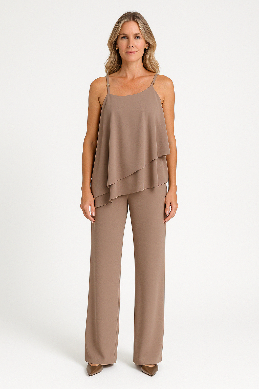 Women’s Two-Piece Set – Asymmetrical Draped Top – Sleeveless – Straight-Leg Pants – Relaxed Fit