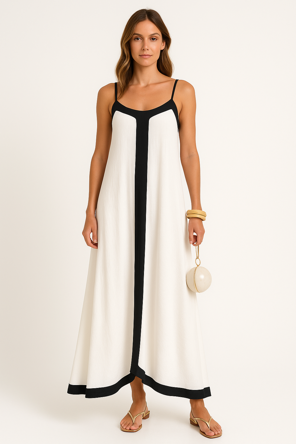 Women’s Maxi Dress – Lightweight Fabric – Loose Fit – V-Neck – Thin Straps – Contrast Trim