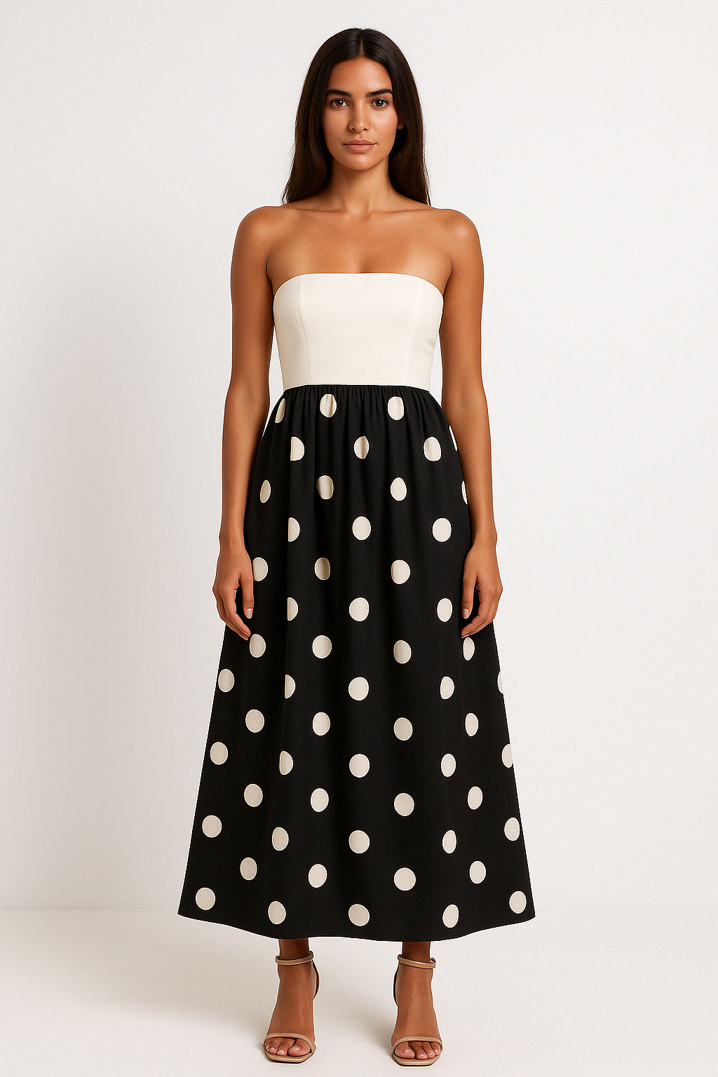 Women’s Maxi Dress – Strapless Wrap Bodice – Polka Dot – A-Line Flowy Fit