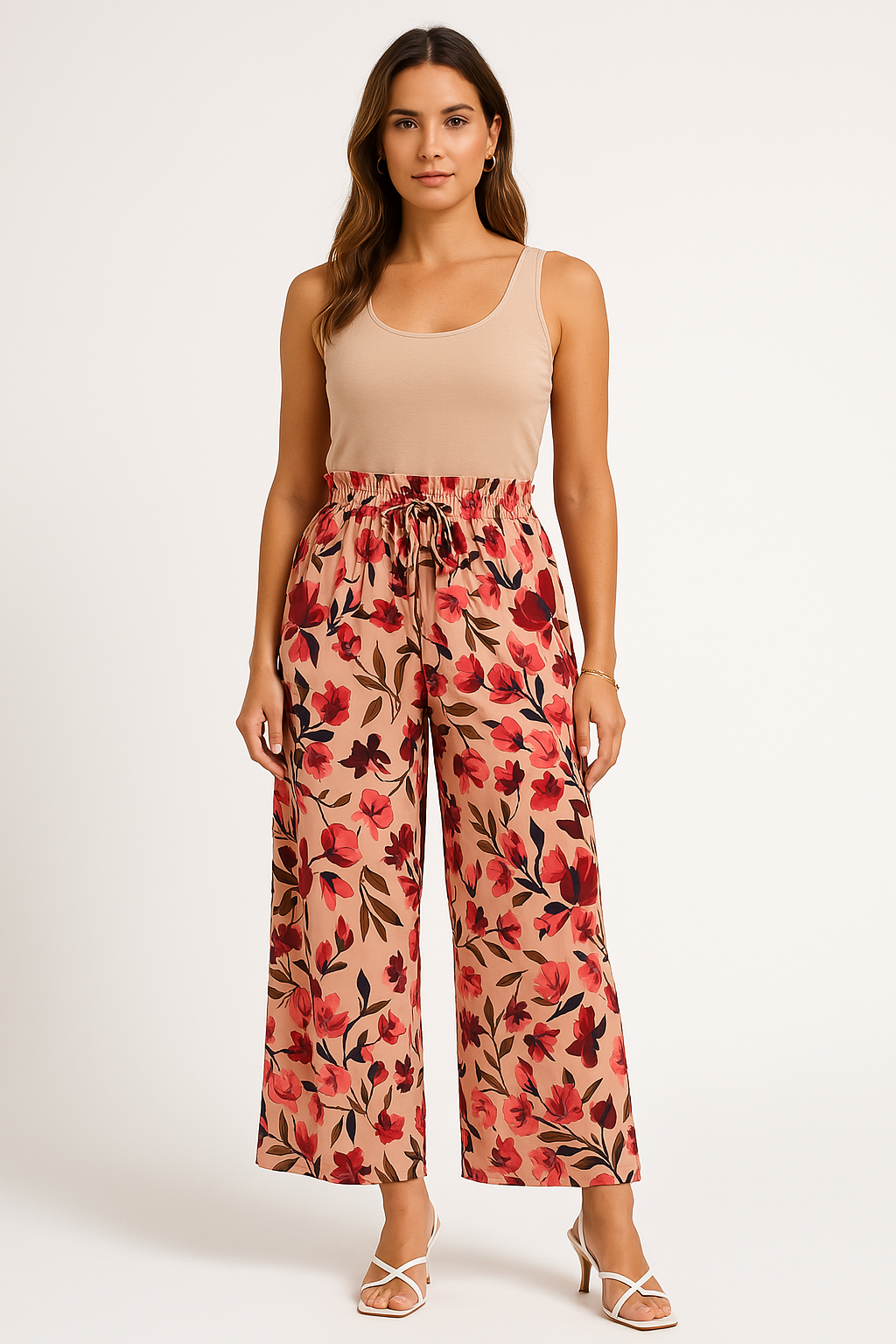 Women’s Wide-Leg Pants – Chiffon – High Waist – Floral Print – Drawstring Waist – Full Length