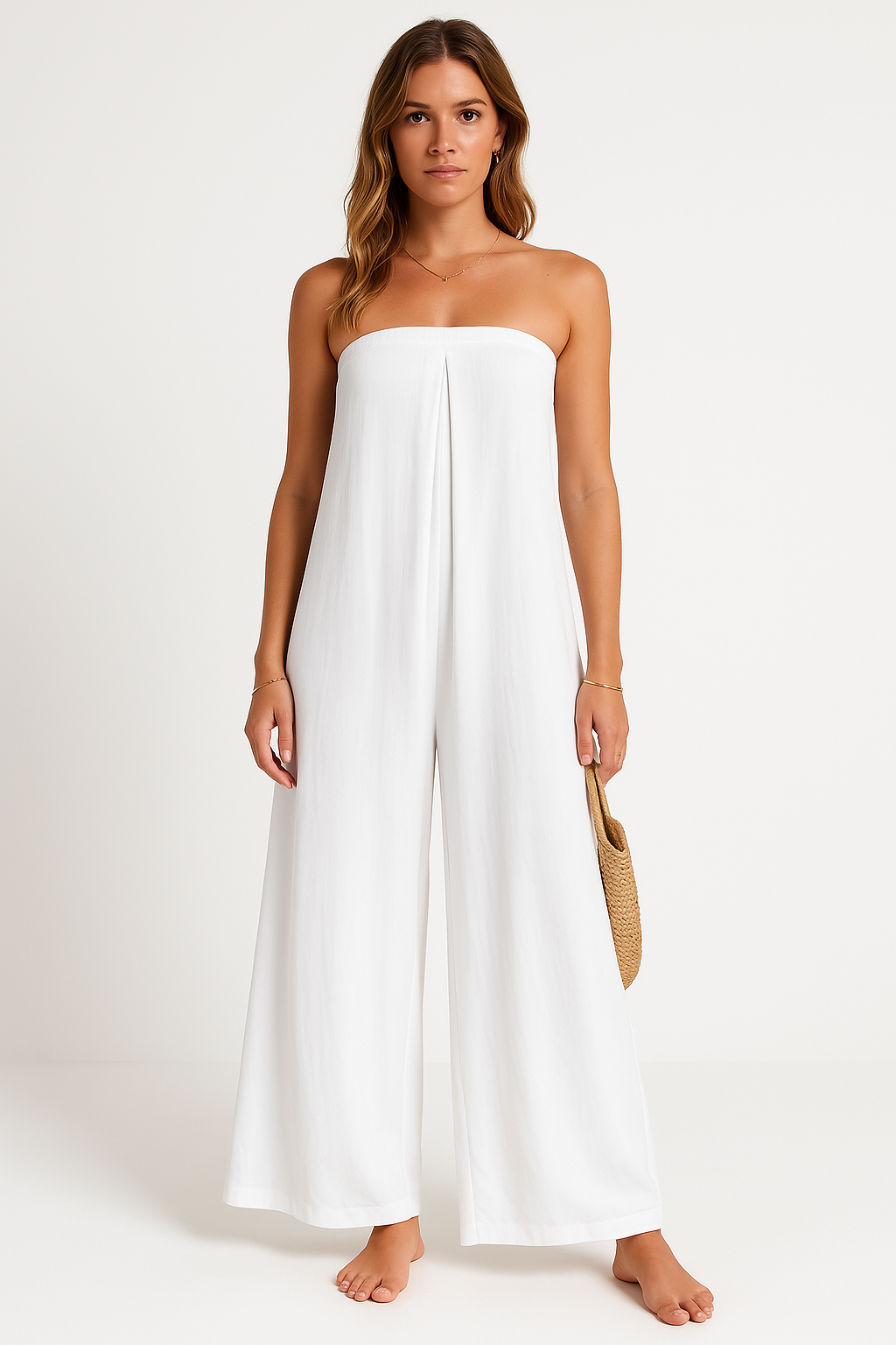 Women’s Jumpsuit – Strapless Bandeau Top – Relaxed Fit – Wide Leg – Lightweight Fabric