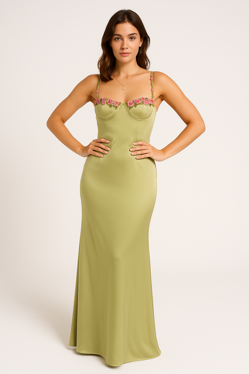 Women’s Long Dress – Satin Slim Fit – Sweetheart Neck – Floral Lace Trim