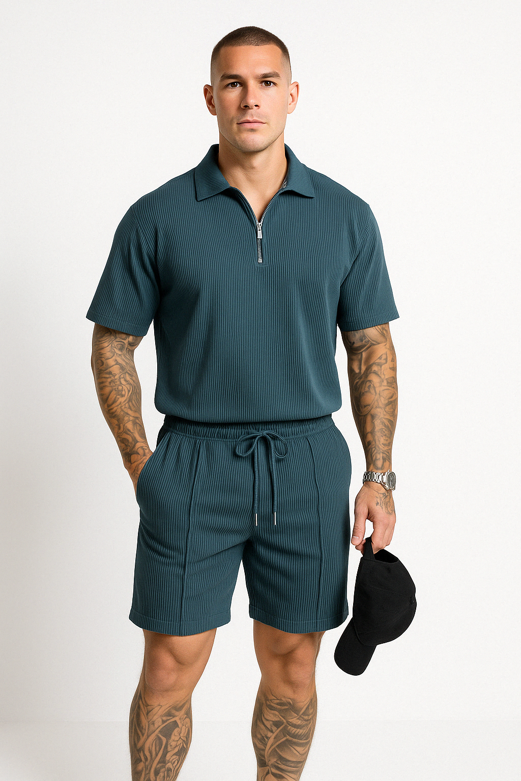 Men’s Polo and Shorts Set – Relaxed Fit – Soft Knit – Zipper Neck – Drawstring Waist