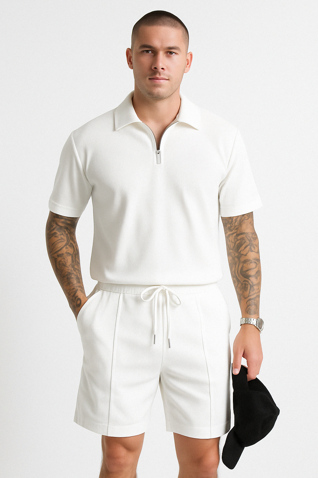 Men’s Polo and Shorts Set – Relaxed Fit – Soft Knit – Zipper Neck – Drawstring Waist
