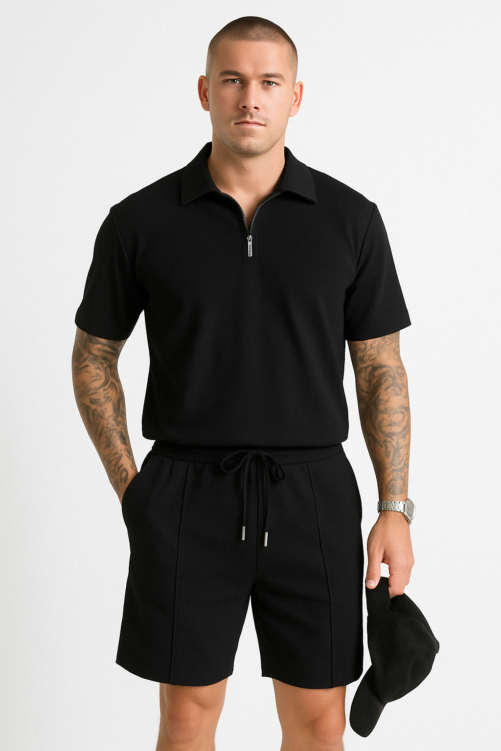Men’s Polo and Shorts Set – Relaxed Fit – Soft Knit – Zipper Neck – Drawstring Waist