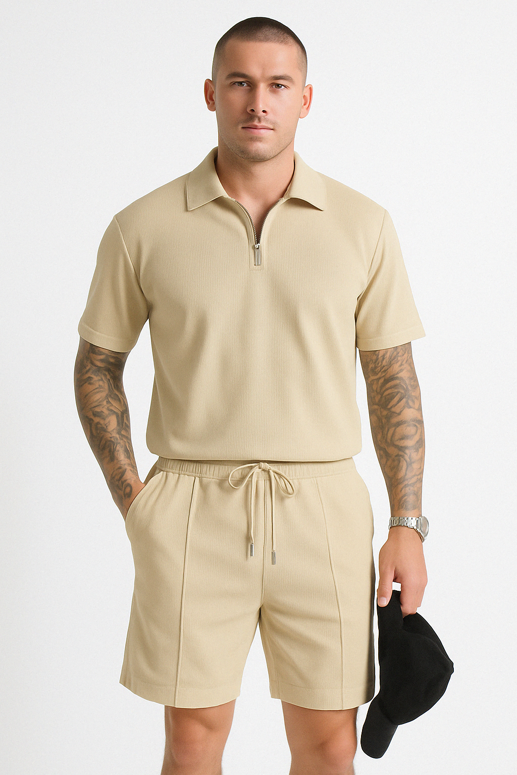 Men’s Polo and Shorts Set – Relaxed Fit – Soft Knit – Zipper Neck – Drawstring Waist