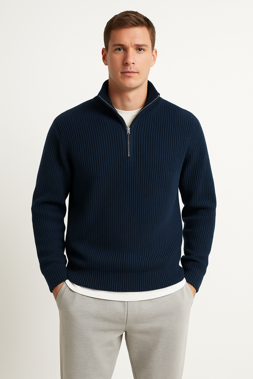 Men’s Half Zip Sweater – Wool Blend – Ribbed Knit – Relaxed Fit – Casual Layer