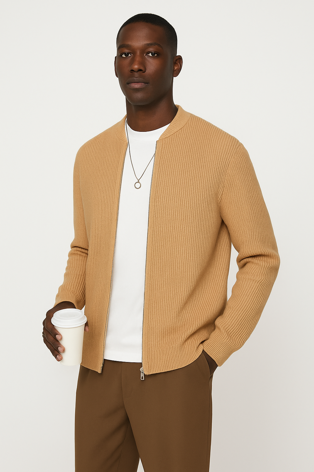 Men’s Cardigan – Ribbed Knit – Double Zipper – Relaxed Fit – Long Sleeve Layering