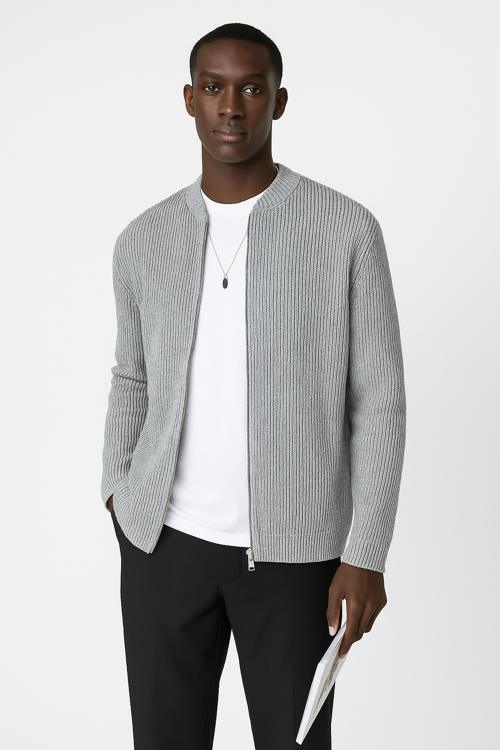 Men’s Cardigan – Ribbed Knit – Double Zipper – Relaxed Fit – Long Sleeve Layering
