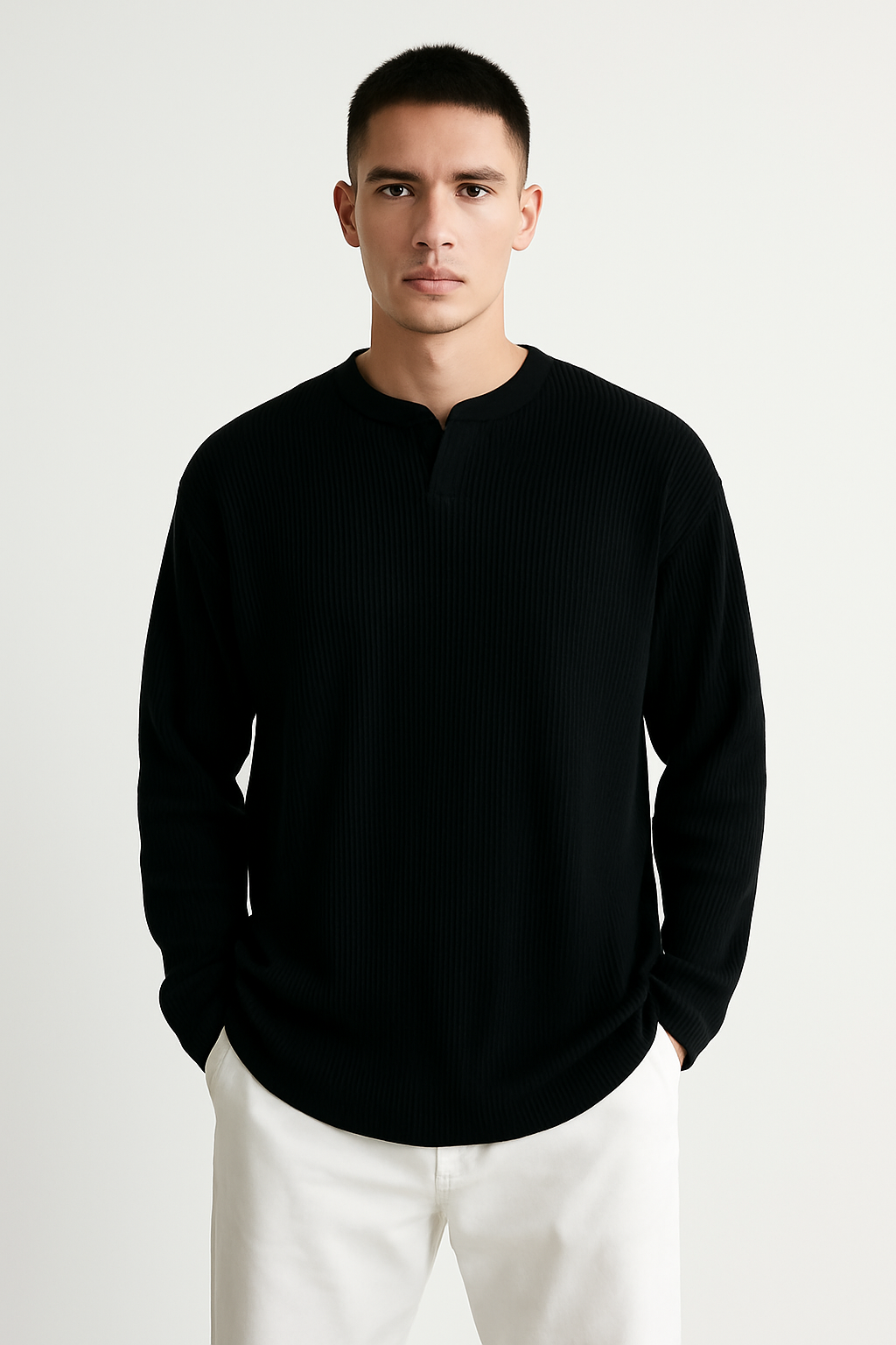Men’s Long Sleeve T-Shirt – Ribbed Knit – Relaxed Fit – V-Neck Casual Layer