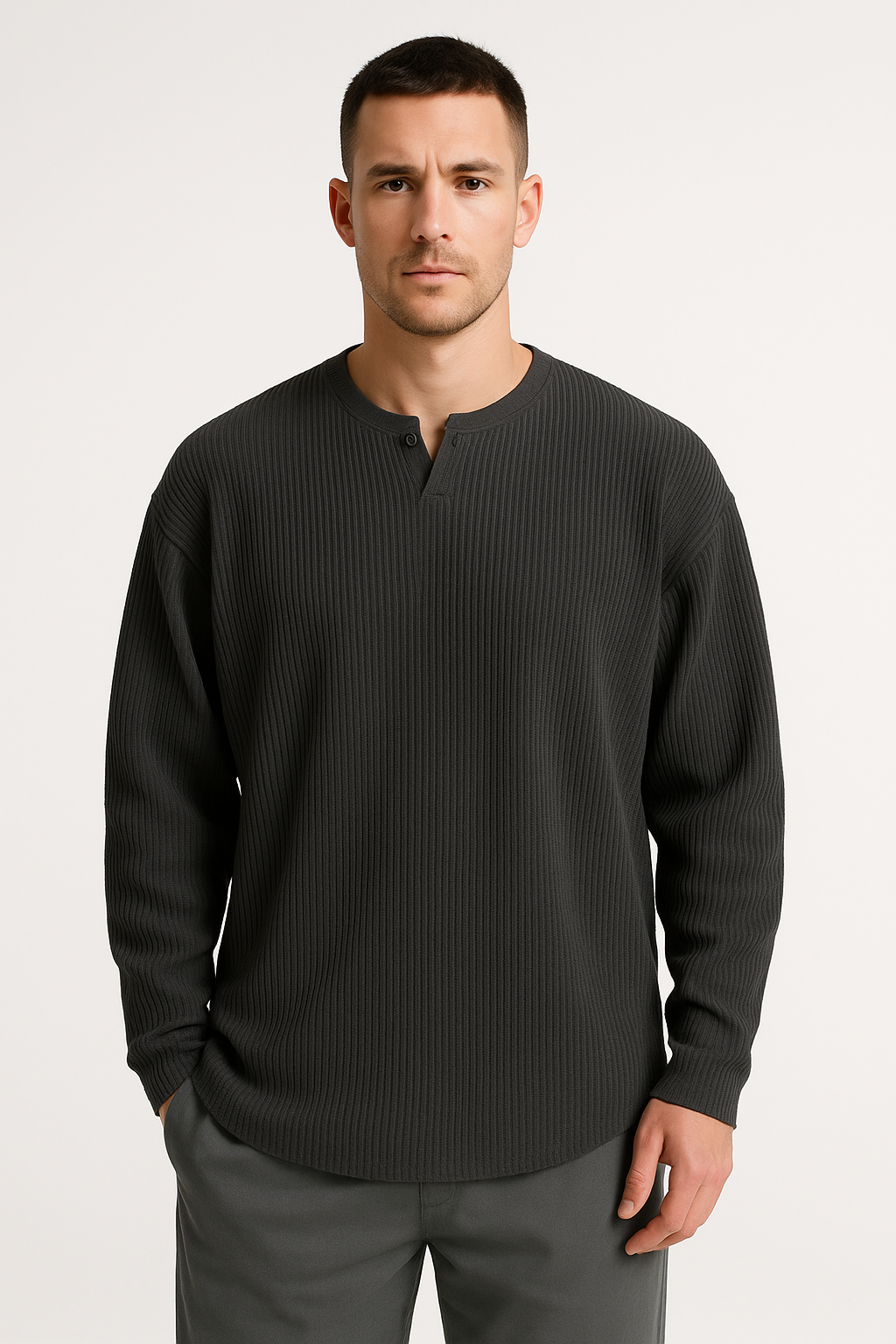 Men’s Long Sleeve T-Shirt – Ribbed Knit – Relaxed Fit – V-Neck Casual Layer