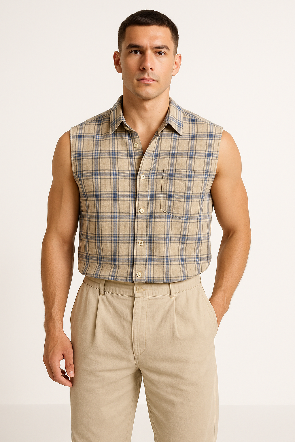 Men's Sleeveless Shirt – Loose Fit – Plaid Button-Down – Lightweight Breathable Casual