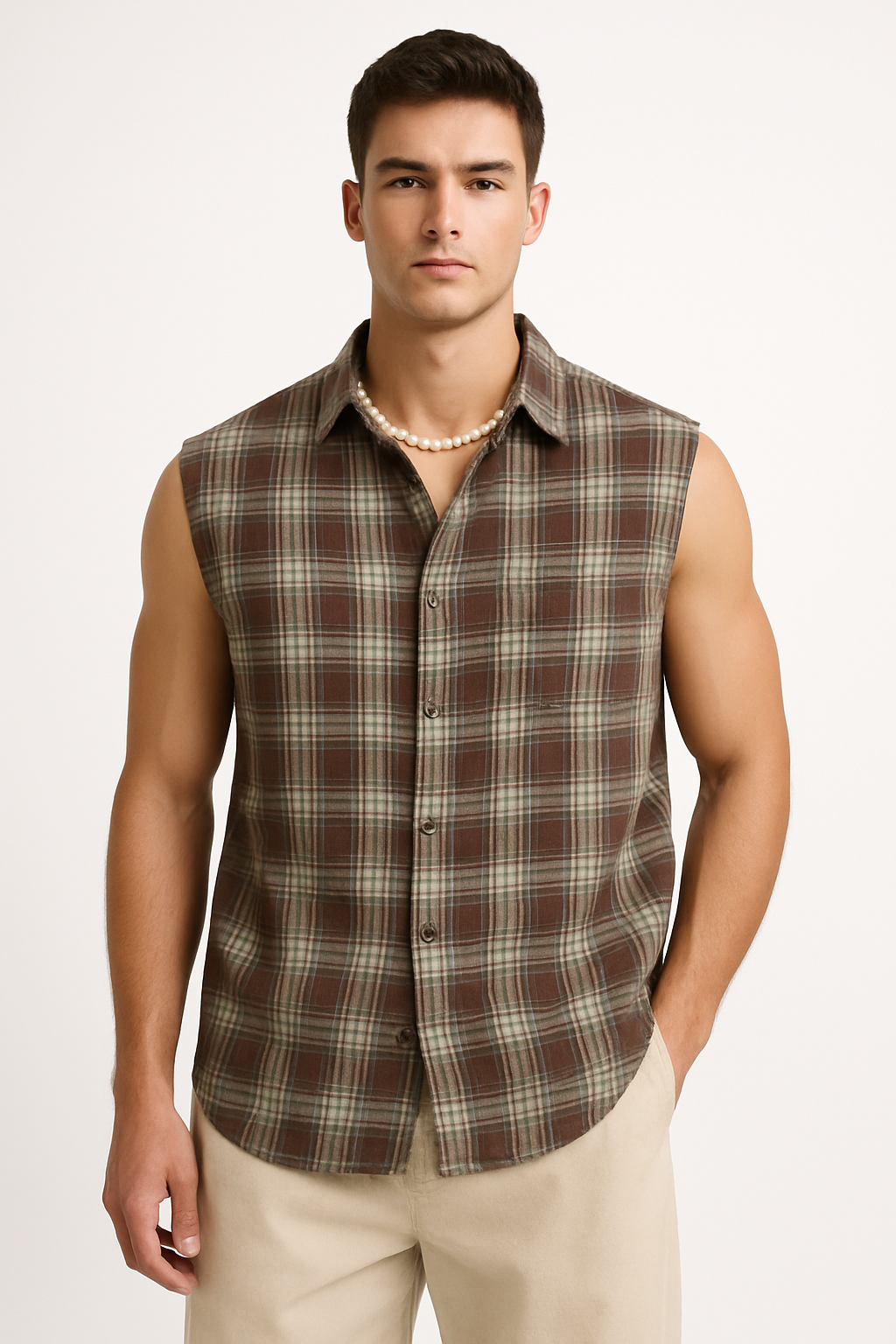 Men's Sleeveless Shirt – Loose Fit – Plaid Button-Down – Lightweight Breathable Casual