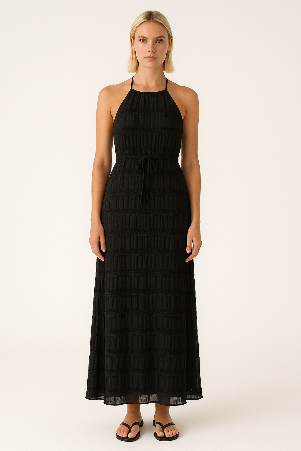 Women’s Maxi Dress – Halter Neck – Ruched Bodice – Lace Trim – Flowy Lightweight Fit