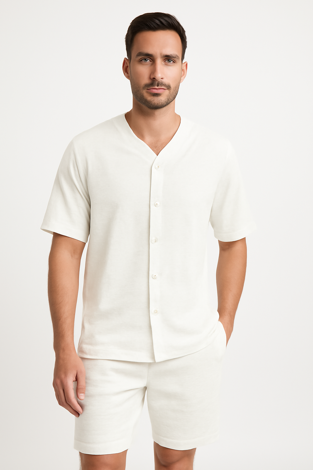 Men’s Two-Piece Set – Cotton Relaxed Fit V-Neck Shirt and Elastic Waist Shorts