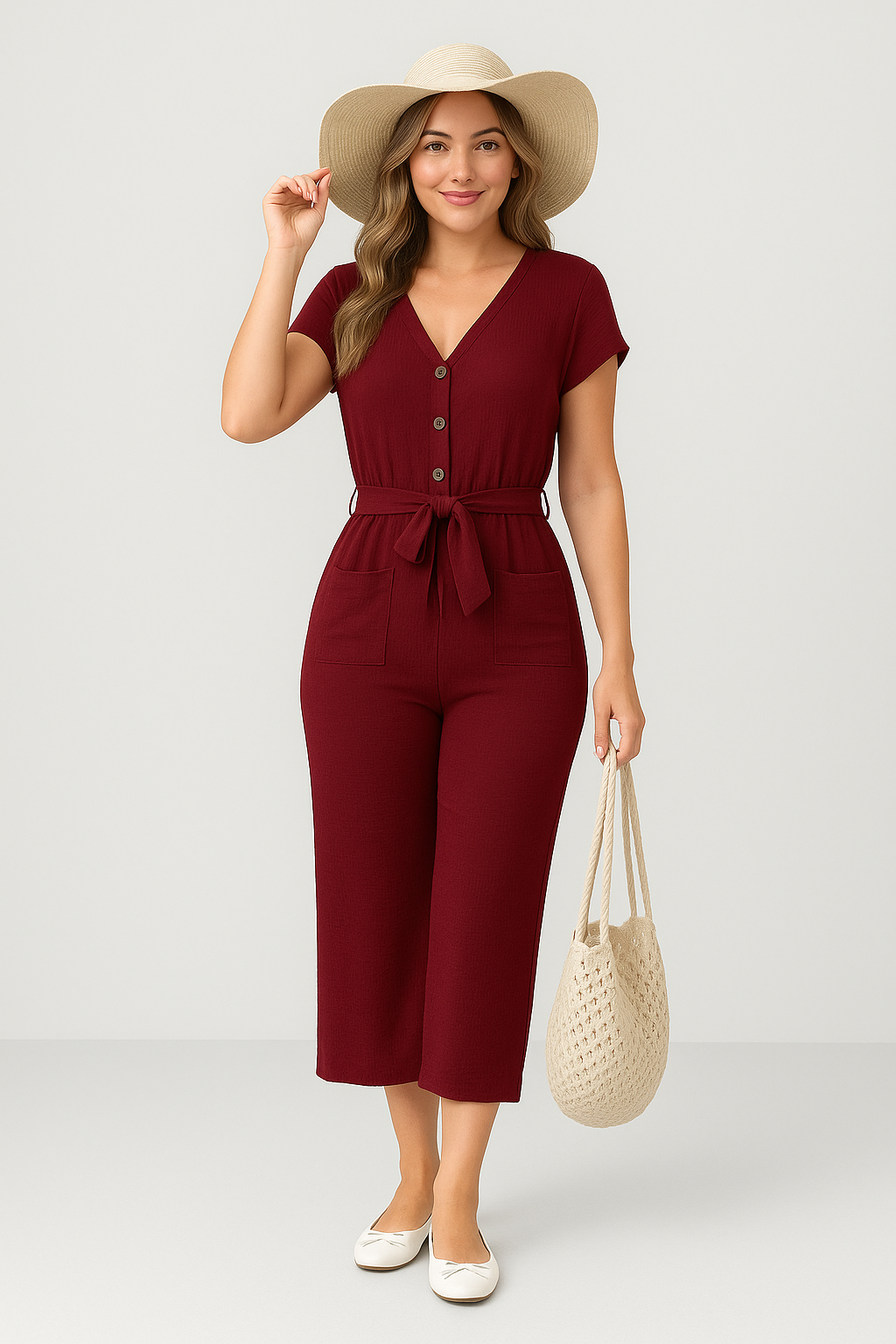 Women’s Jumpsuit – Lightweight Cotton Blend – V-Neck – Belted Waist – Short Sleeve