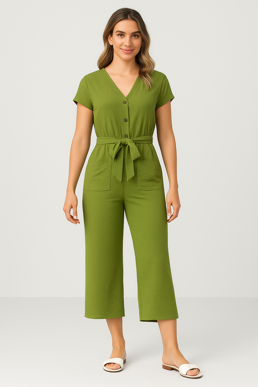 Women’s Jumpsuit – Lightweight Cotton Blend – V-Neck – Belted Waist – Short Sleeve