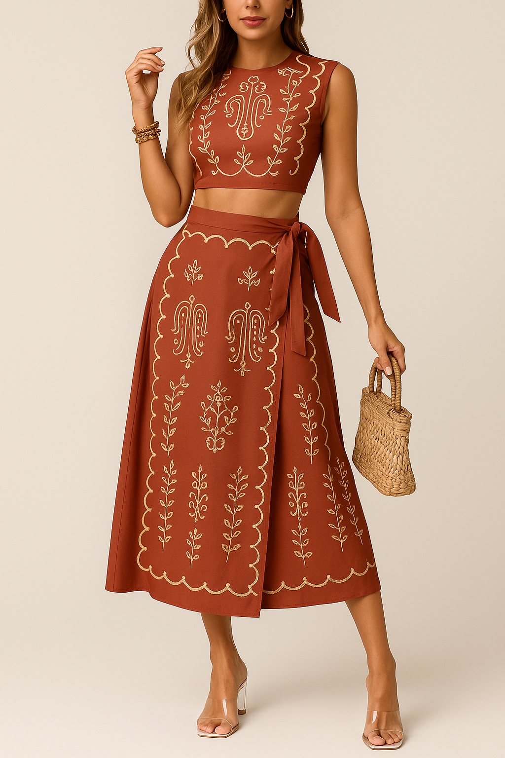 Women’s Two-Piece Set – Embroidered Sleeveless Crop Top & Wrap Midi Skirt – Breathable Fabric