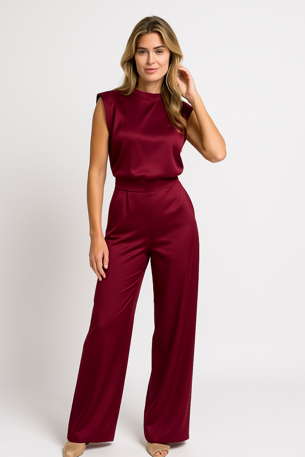 Women’s Jumpsuit – Satin Finish – Wide Leg – High Neck – Sleeveless – Open Back