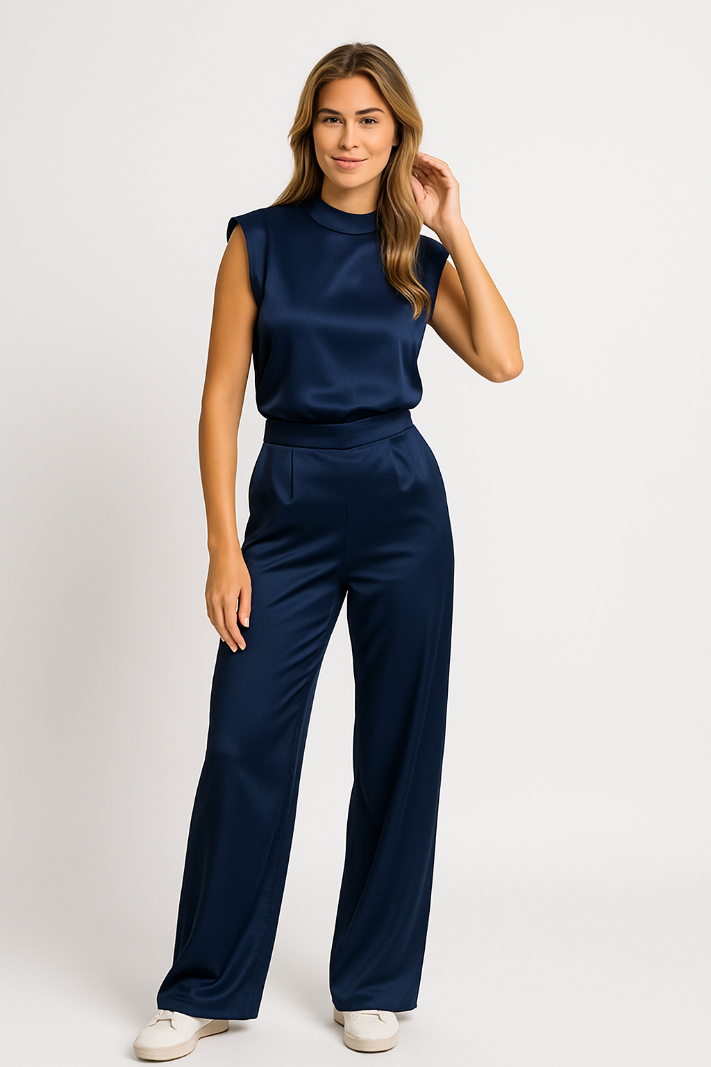 Women’s Jumpsuit – Satin Finish – Wide Leg – High Neck – Sleeveless – Open Back