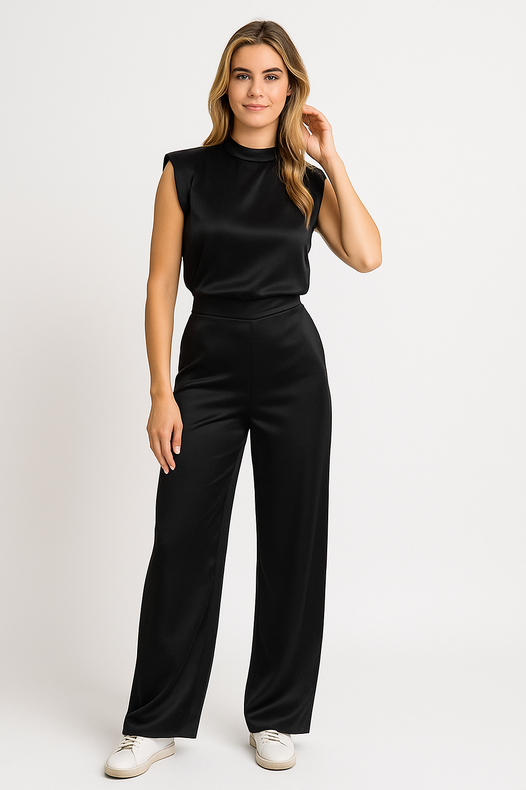 Women’s Jumpsuit – Satin Finish – Wide Leg – High Neck – Sleeveless – Open Back