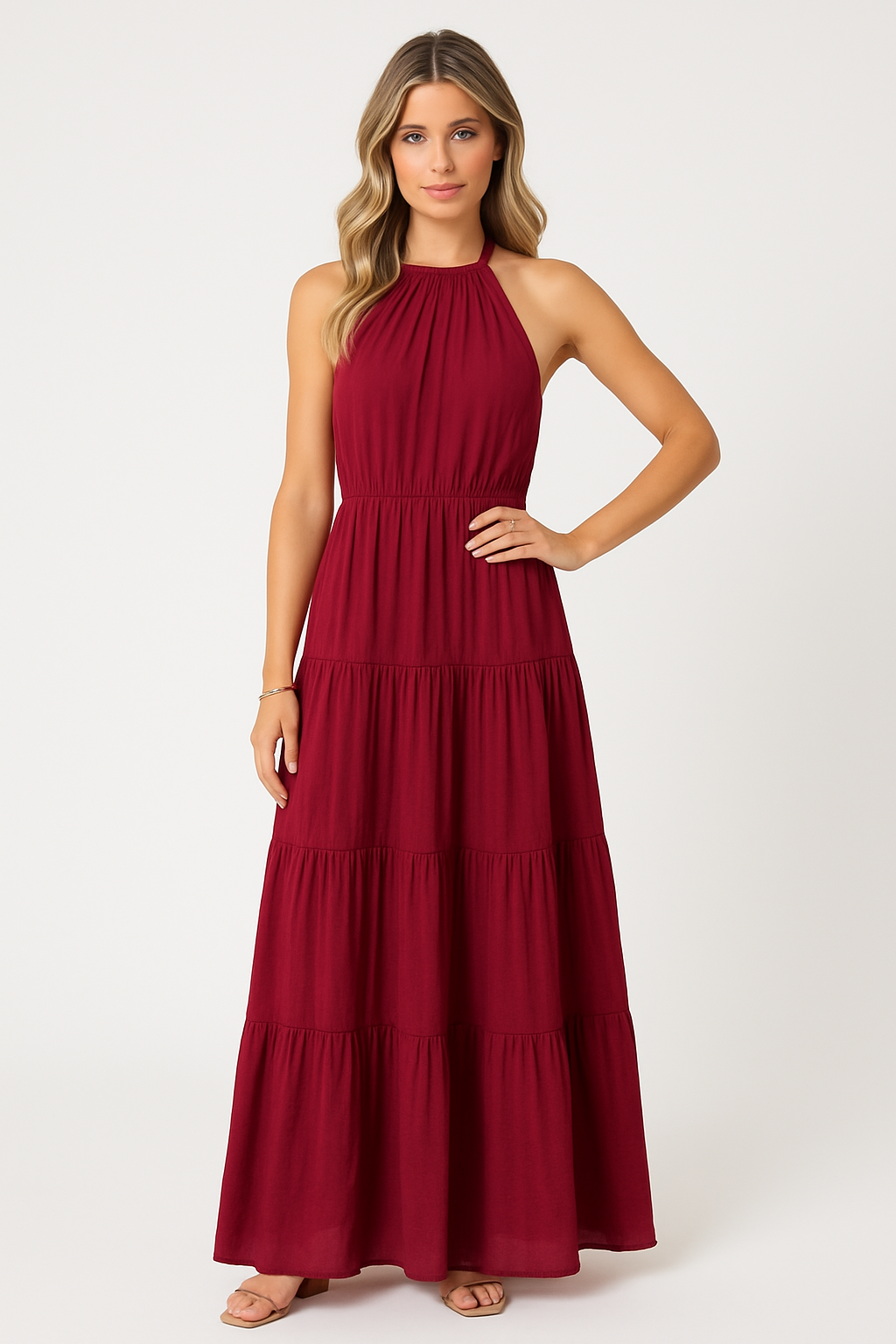 Women’s Halter Dress – Lightweight Fabric – Tiered Skirt – Full Length – Relaxed Fit