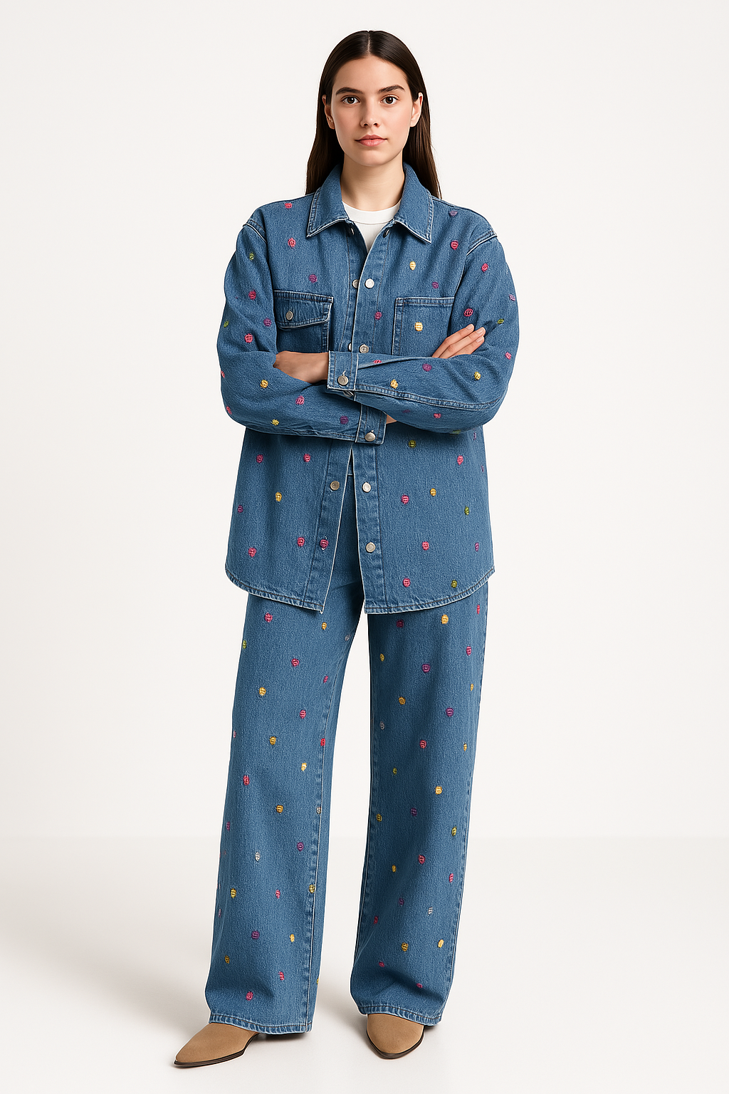 Women’s Denim Jacket and Pants Set – Oversized Fit – Embroidered – Wide Leg Casual Wear