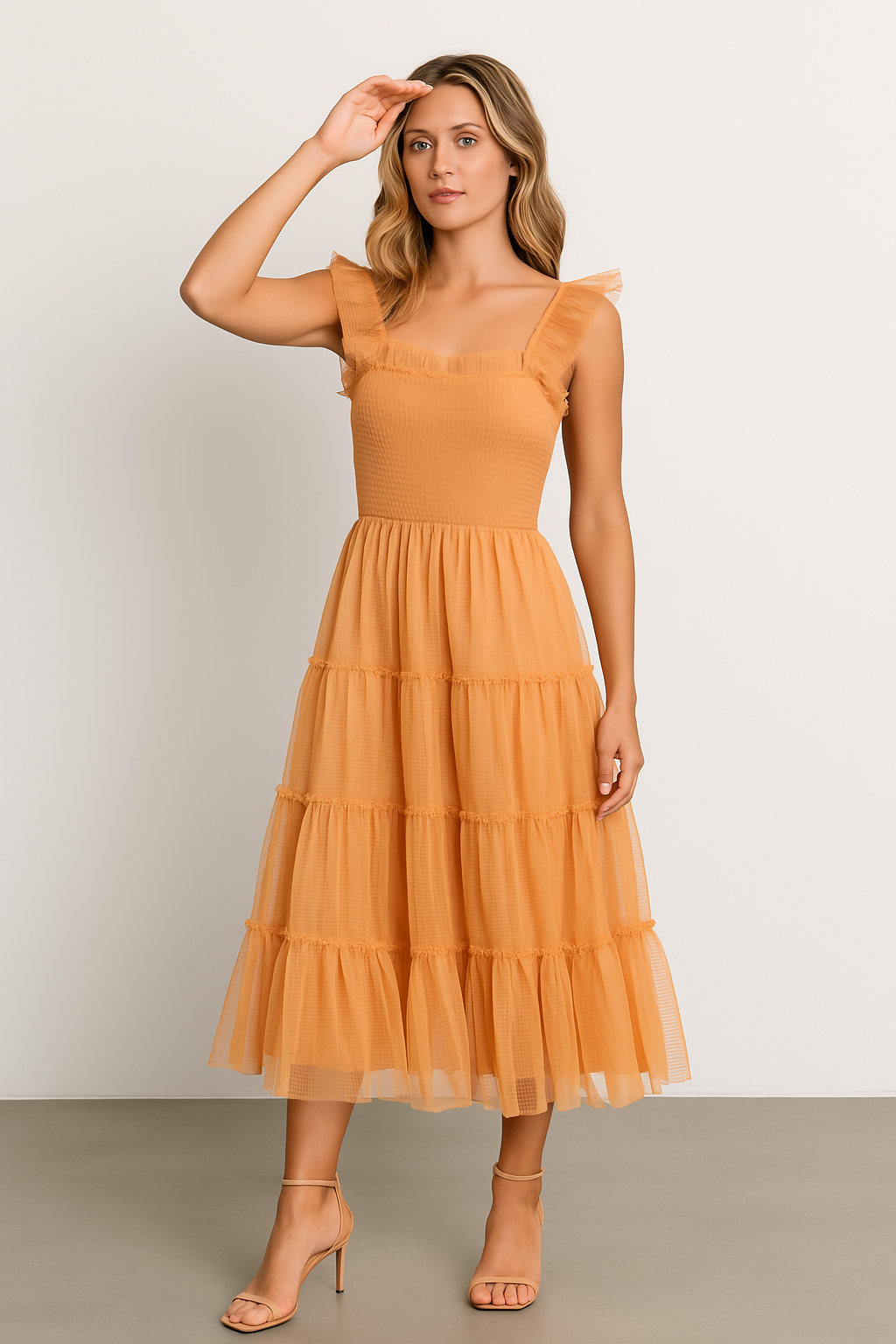 Women’s Long Dress – Smocked Bodice – Tiered Mesh Skirt – Ruffled Sleeveless Straps