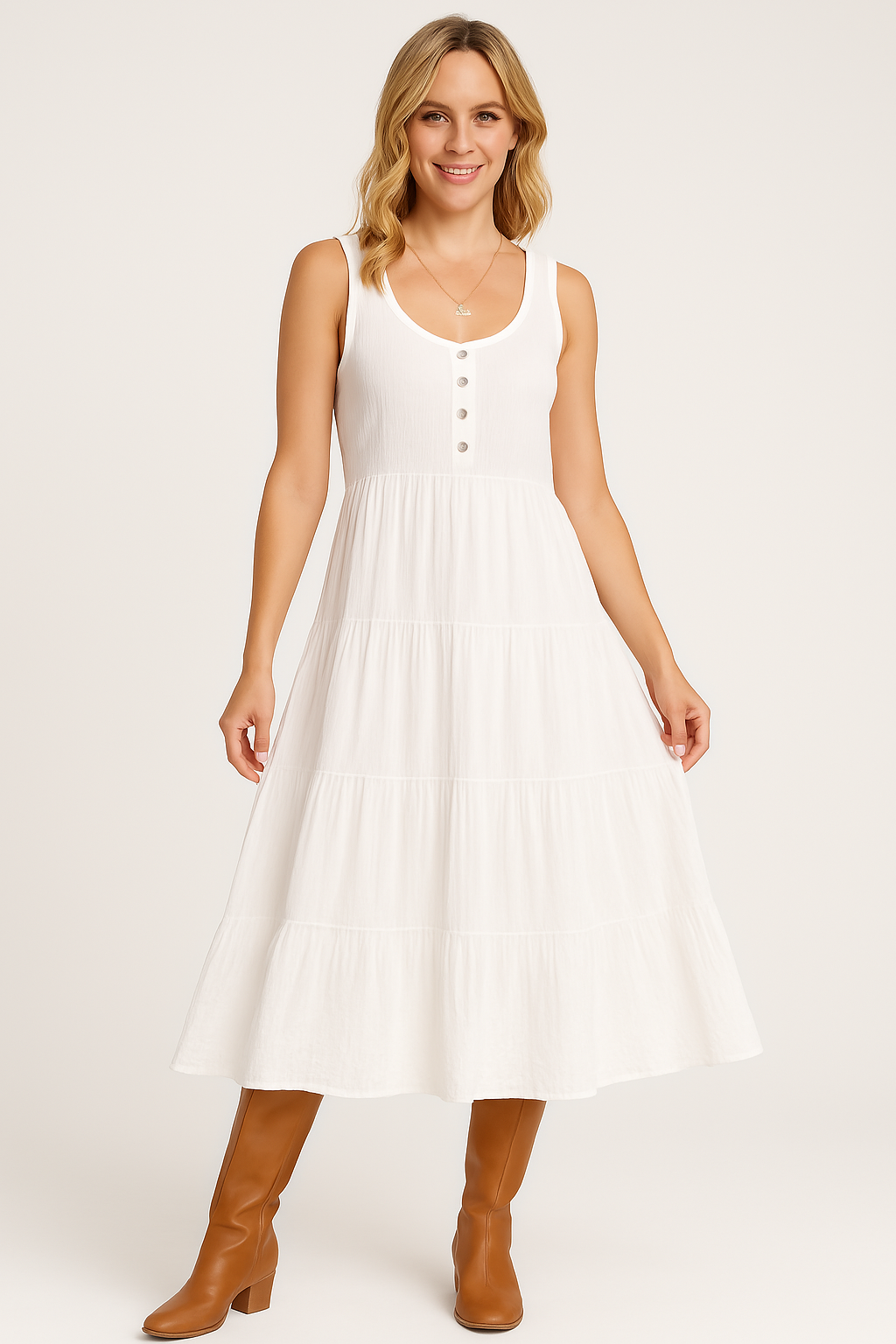 Women’s Maxi Dress – Sleeveless A-Line – U-Neck – Tiered Skirt – Button Front