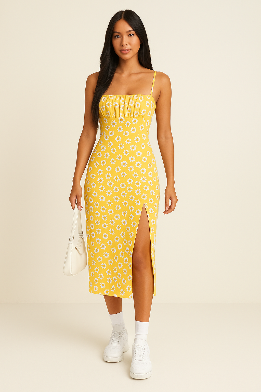 Women’s Midi Dress – Slim Fit – Spaghetti Straps – Side Slit – Floral Print – Cotton Blend