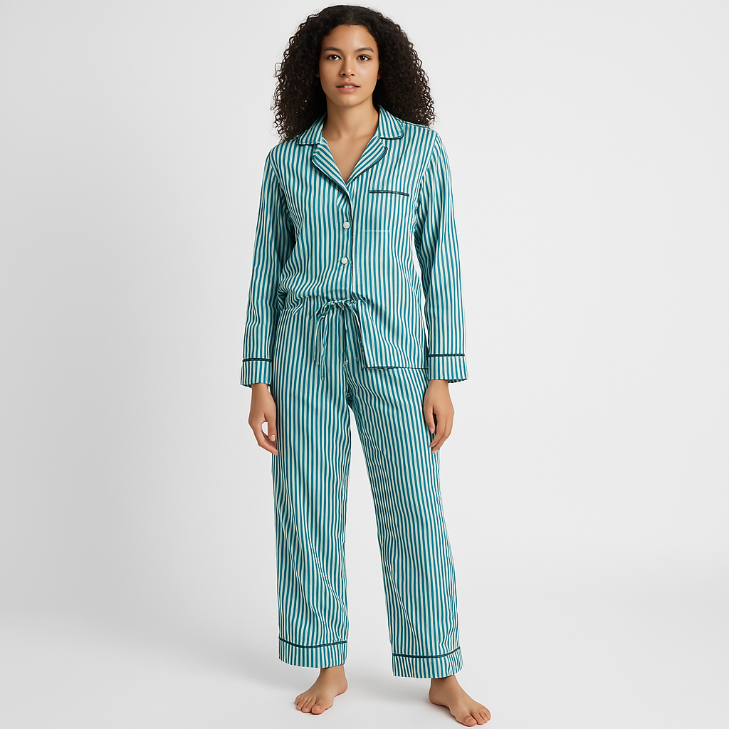 Women’s Loungewear Set – Cotton Blend – Relaxed Fit – Striped – Button Front Top – Drawstring Pants