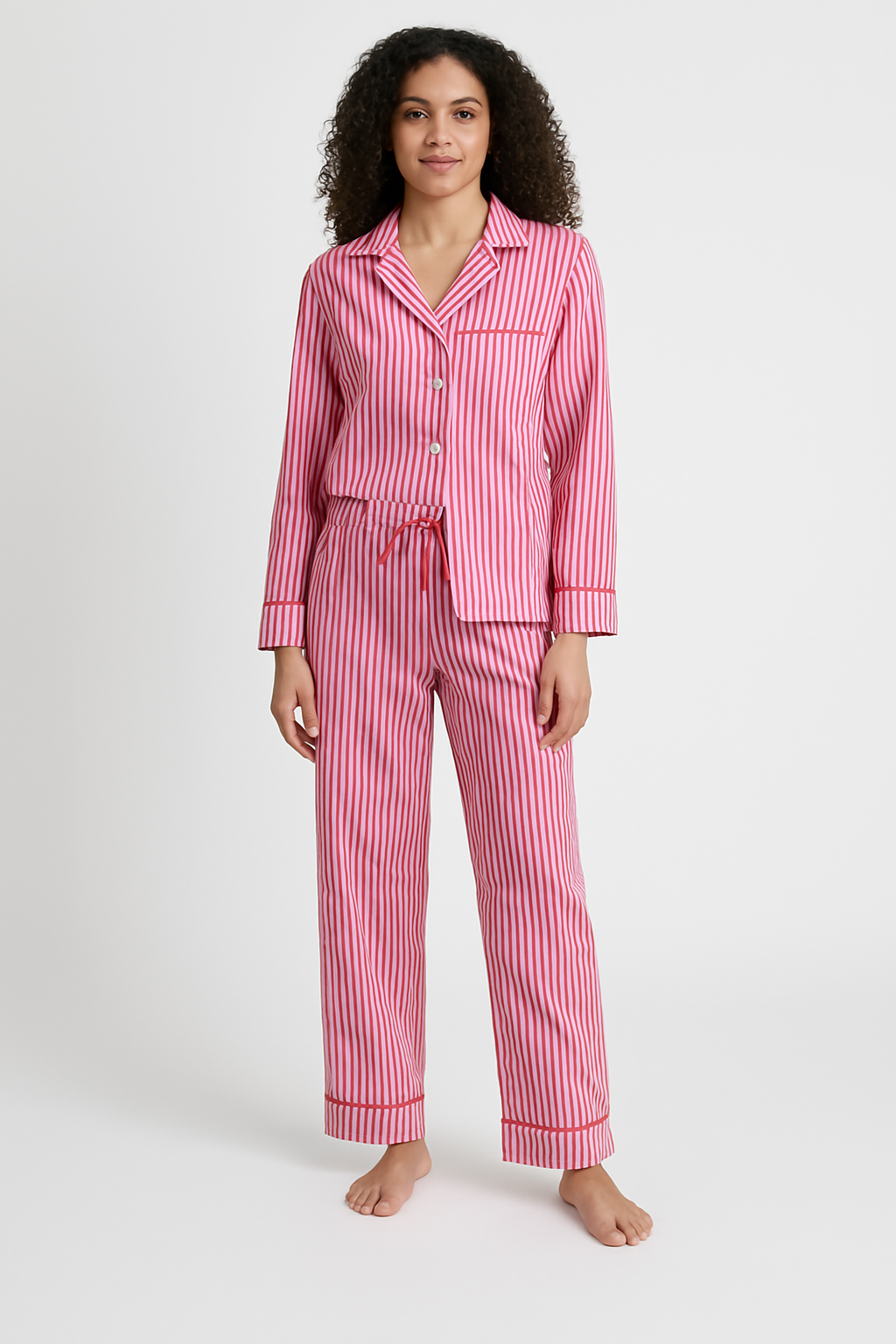 Women’s Loungewear Set – Cotton Blend – Relaxed Fit – Striped – Button Front Top – Drawstring Pants
