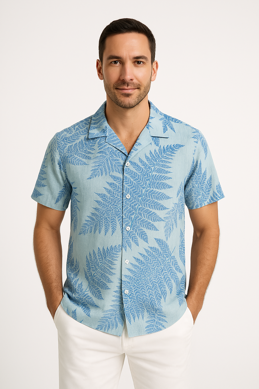 Men’s Short Sleeve Shirt – Relaxed Fit – Leaf Print – Button Up – Lightweight Breathable